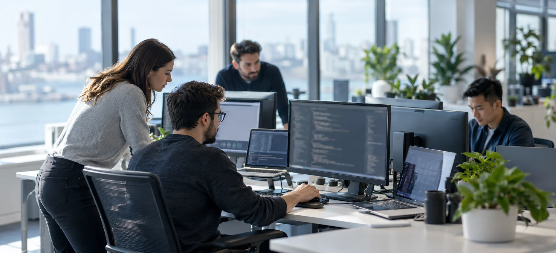 Équipe de développeurs dans un bureau lumineux : une développeuse et un développeur révisent du code à l’écran, deux collègues travaillent à leur poste.
