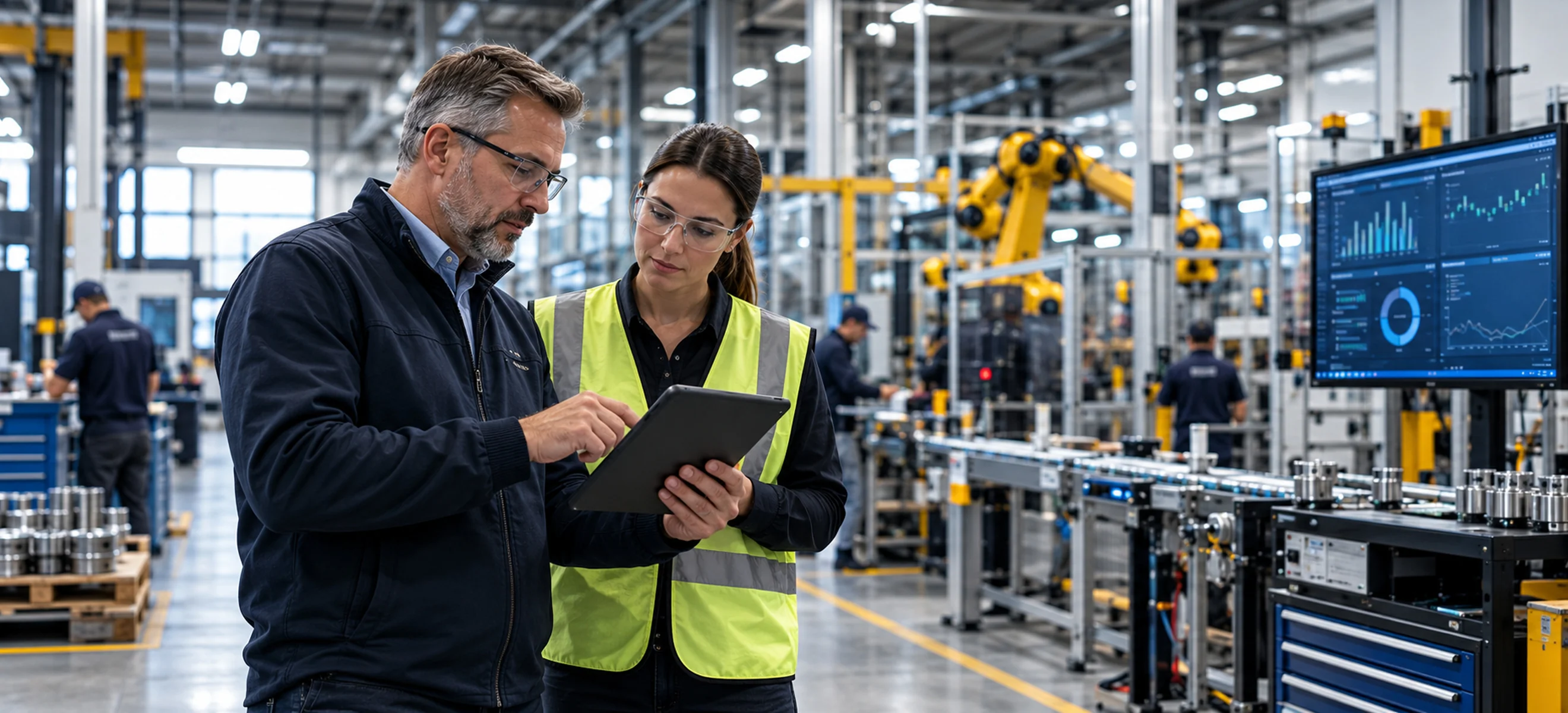 Sur le plancher d’une usine, un gestionnaire et une ingénieure consultent une tablette près d’une ligne de production robotisée, à côté d’un écran de tableau de bord de production.
