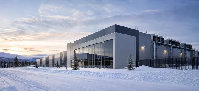 Centre de données moderne entouré de neige, au lever du jour