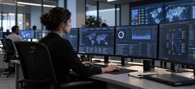 Analyste en cybersécurité surveillant des tableaux de bord et des cartes de menaces sur plusieurs écrans
