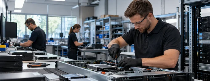 Technicien assemblant un serveur dans un laboratoire informatique