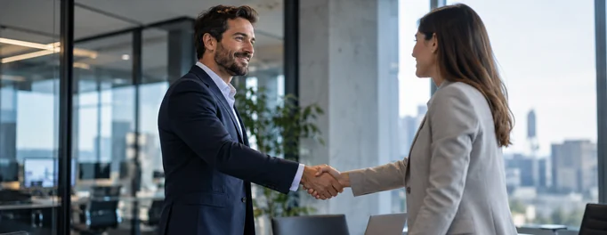 Poignée de main entre un homme et une femme dans un bureau moderne