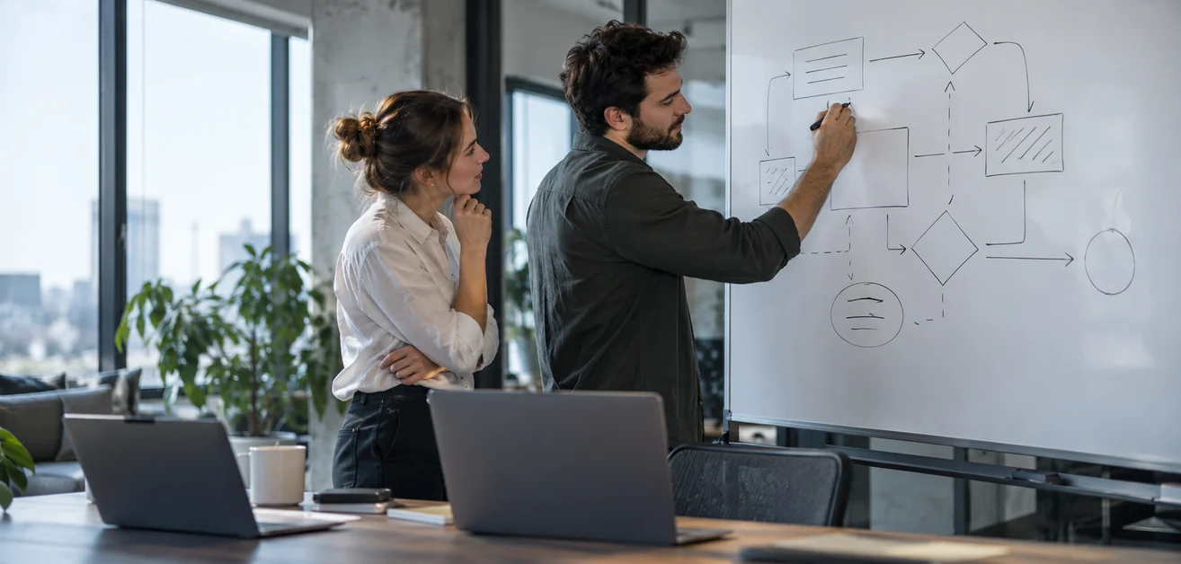 Two colleagues mapping out a workflow on a whiteboard in a bright office.