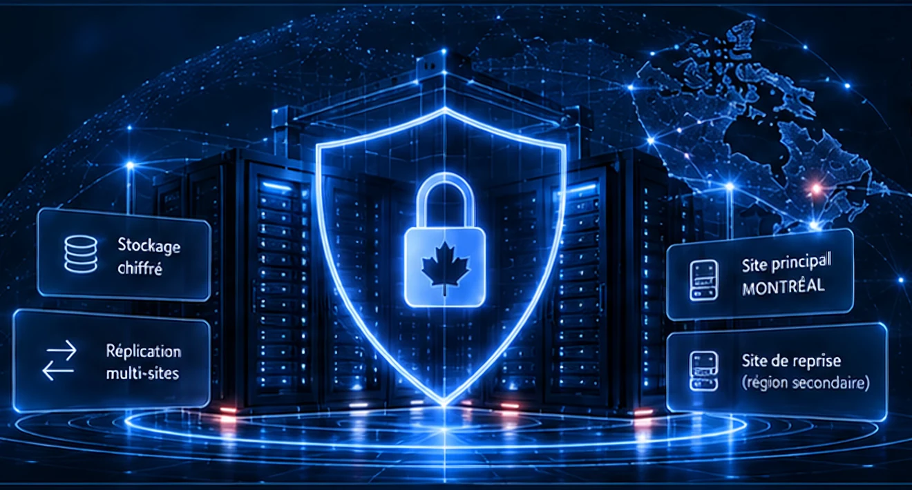 Un bouclier avec un cadenas et une feuille d'érable devant des serveurs : stockage chiffré, réplication multi-sites, site principal à Montréal et site de reprise en région secondaire.